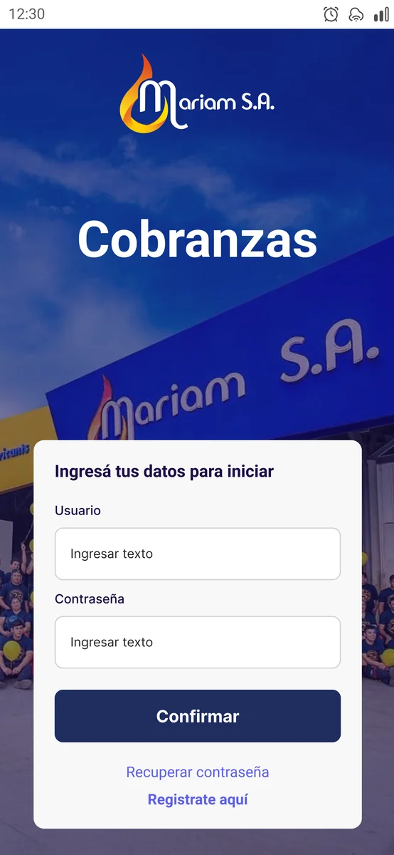 Pantalla de inicio de sesión de la app de cobranzas